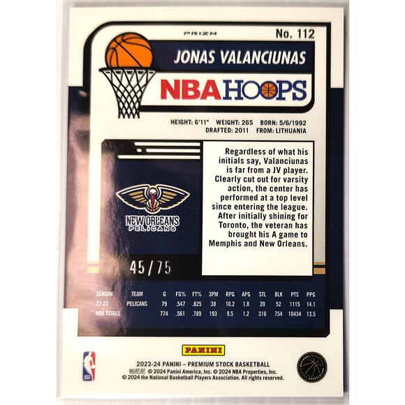 2023-24 NBA Hoops Premium Stock JONAS VALANCIUNAS #112 Blue Pulsar Prizm 45/75 - Picture 2 of 2